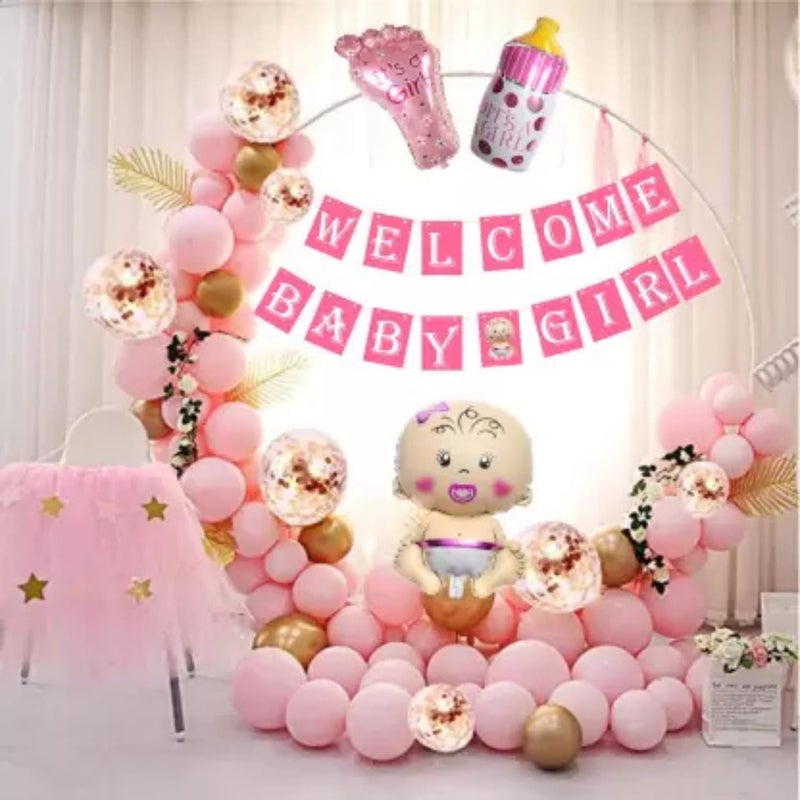 Partyjoy مجموعة تزيين ترحيب بطفلة - 60 قطعة | لافتة، بالونات، ورق قصدير للأطفال، أقدام، زجاجة والمزيد | مجموعة مثالية للاحتفال بالمولود الجديد - Image 1