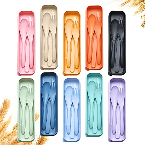 YDYTOP Reusable Travel Utensils Set with Case, 10 Sets Wheat Straw Portable Knife Fork Spoons Cutlery, Eco-Friendly BPA Free Plastic Tableware for Kids Adults Travel Picnic Camping Silverware - Image 1