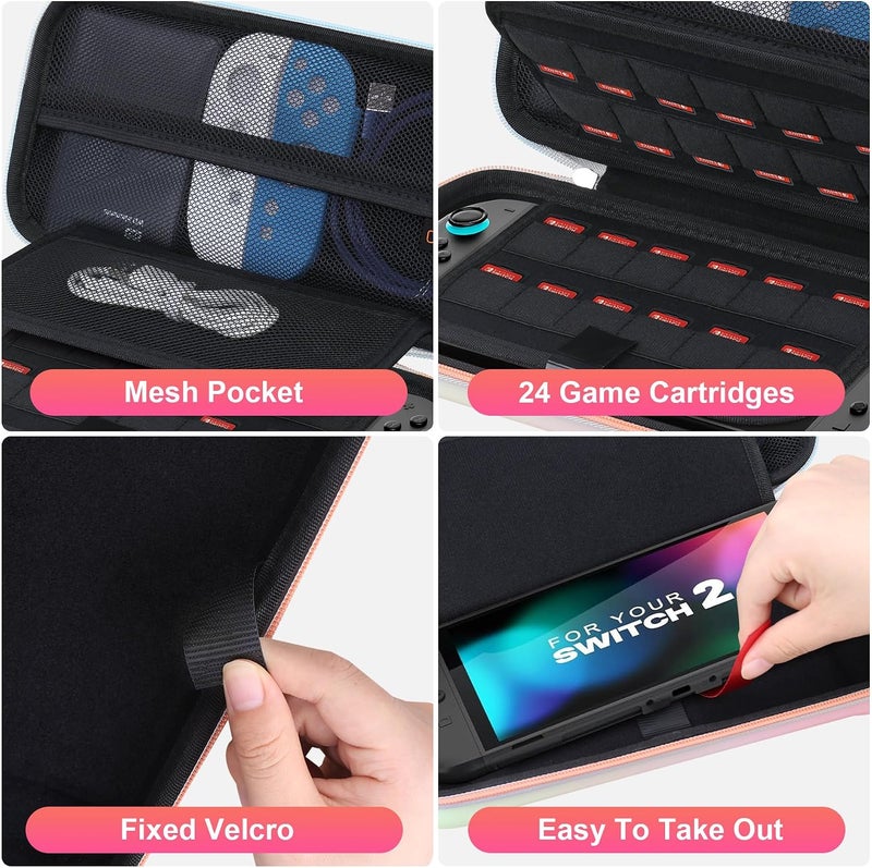 Canboc Carrying Case Compatible with Nintendo Switch 2 (2025), Hard Shell Switch 2 Console Bag with 24 Game Card Slots, Mesh Pocket fit Accessories, Pink Gradient Green (Case Only) - Image 5