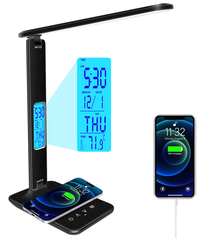 snsok Desk Light with Wireless Charger, USB Charging Port, Dimmable Office Desk Lamp with Clock, Alarm, Date, Temperature, Foldable Lamp for Table Bedroom Bedside Office - Image 1
