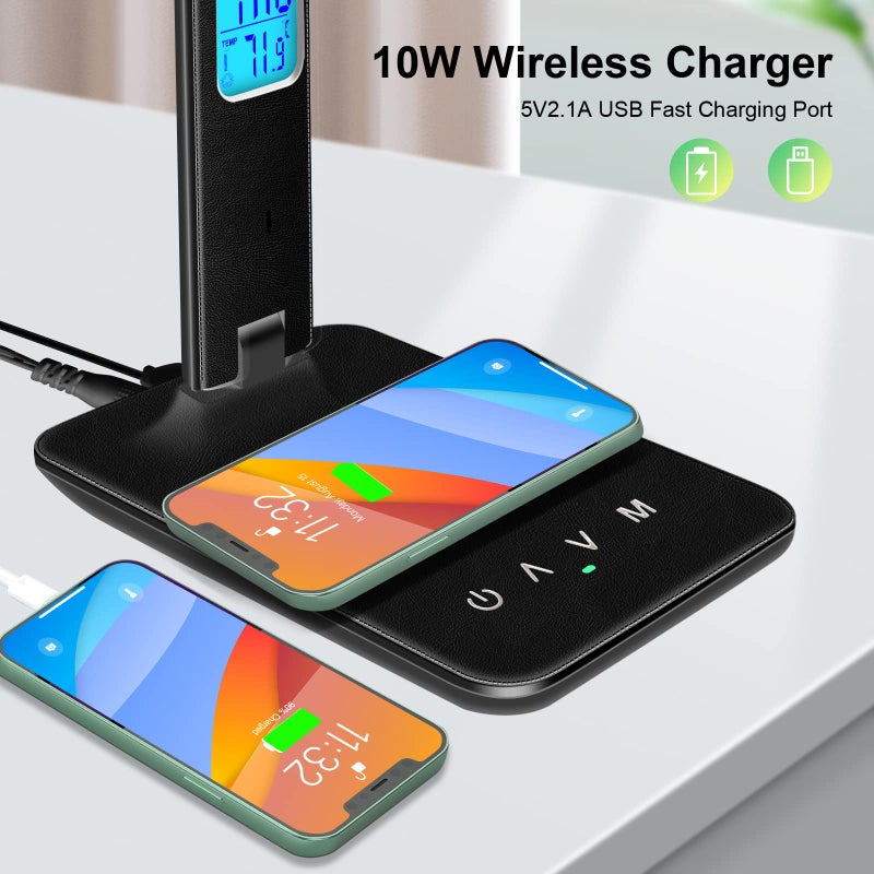 snsok Desk Light with Wireless Charger, USB Charging Port, Dimmable Office Desk Lamp with Clock, Alarm, Date, Temperature, Foldable Lamp for Table Bedroom Bedside Office - Image 4