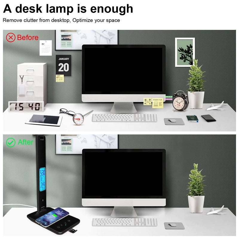 snsok Desk Light with Wireless Charger, USB Charging Port, Dimmable Office Desk Lamp with Clock, Alarm, Date, Temperature, Foldable Lamp for Table Bedroom Bedside Office - Image 2