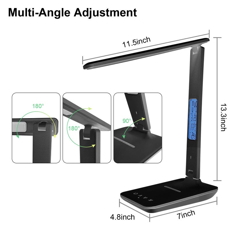 snsok Desk Light with Wireless Charger, USB Charging Port, Dimmable Office Desk Lamp with Clock, Alarm, Date, Temperature, Foldable Lamp for Table Bedroom Bedside Office - Image 5
