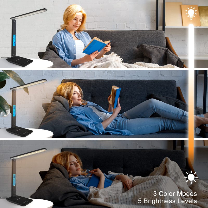 snsok Desk Light with Wireless Charger, USB Charging Port, Dimmable Office Desk Lamp with Clock, Alarm, Date, Temperature, Foldable Lamp for Table Bedroom Bedside Office - Image 3