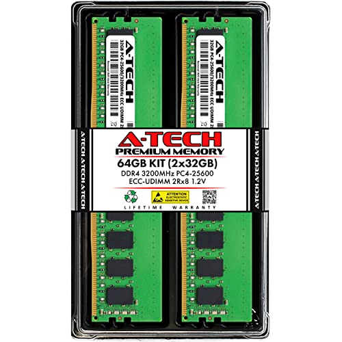 A-Tech Server 64GB Kit (2x32GB) DDR4 3200MHz PC4-25600 ECC UDIMM 2Rx8 Dual Rank 1.2V ECC Unbuffered DIMM 288-Pin Server & Workstation RAM Memory Upgrade Modules (A-Tech Enterprise Series) - Image 1