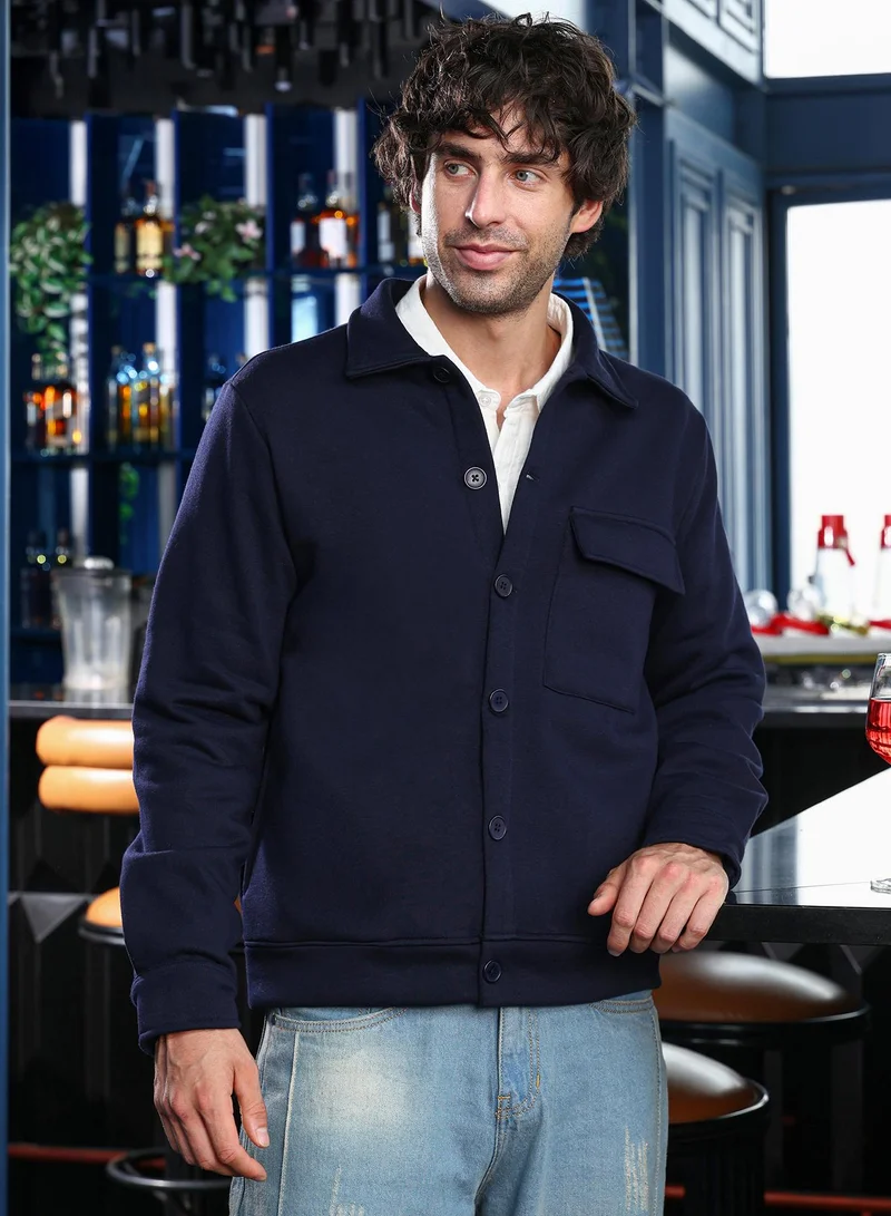 Campus Sutra Men Utility-Knit Jacket | Point Collar, Long Button-Cuff Sleeves | Button , Ribbed-Straight Hem | Solid Plain | Knitted Fabric For Casual & Daily Wear | Navy Blue
