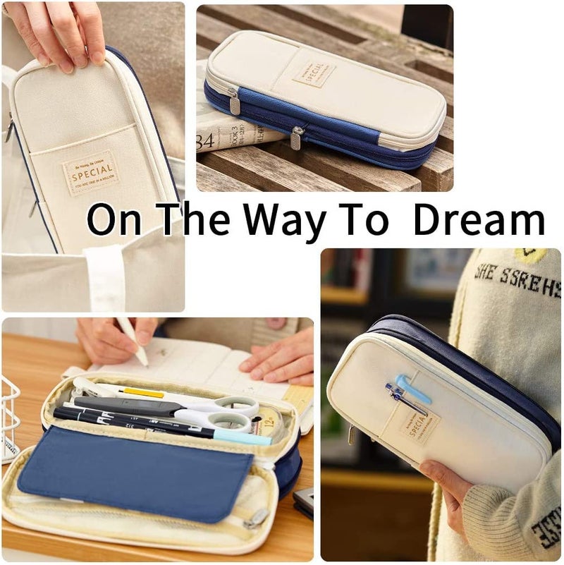 FINEMOE Canvas Big Capacity Pencil Pen Case Office College School Large Storage High Capacity Bag Pouch Holder Box Organizer (Blue) - Image 5