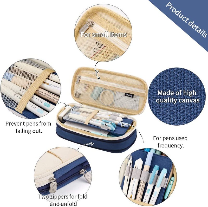 FINEMOE Canvas Big Capacity Pencil Pen Case Office College School Large Storage High Capacity Bag Pouch Holder Box Organizer (Blue) - Image 2