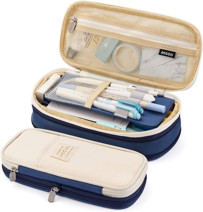 FINEMOE Canvas Big Capacity Pencil Pen Case Office College School Large Storage High Capacity Bag Pouch Holder Box Organizer (Blue) - Image 1