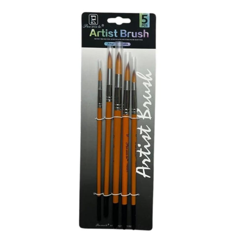 LUOSHI Artist Painting Brushes Round Set of 5, Orange Handle, Ideal for Acrylics, Watercolor & Oil (Plastic,Nylone)