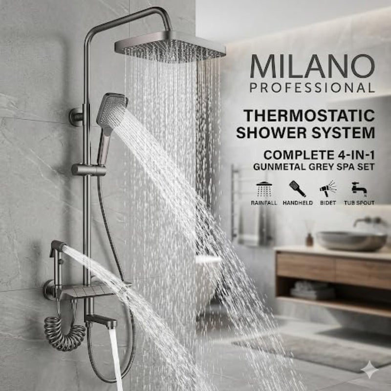 Milano Professional Piano Key Thermostatic Shower System 4-in-1 Gunmetal Grey Rainfall Shower Set with Handheld Spray, Bidet Shataff and Tub Spout Anti-Scald 38°C Safety Lock, High Pressure Wall Mou - Image 5