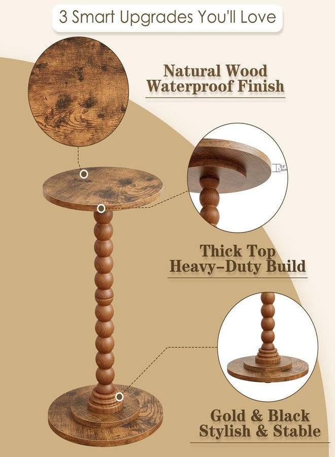 Masupu Round Side Table, Small End Table for Small Spaces, Pedestal Drink Table with Solid Wood Leg for Living Room, Bedroom, Corners(Rustic Brown) - Image 3