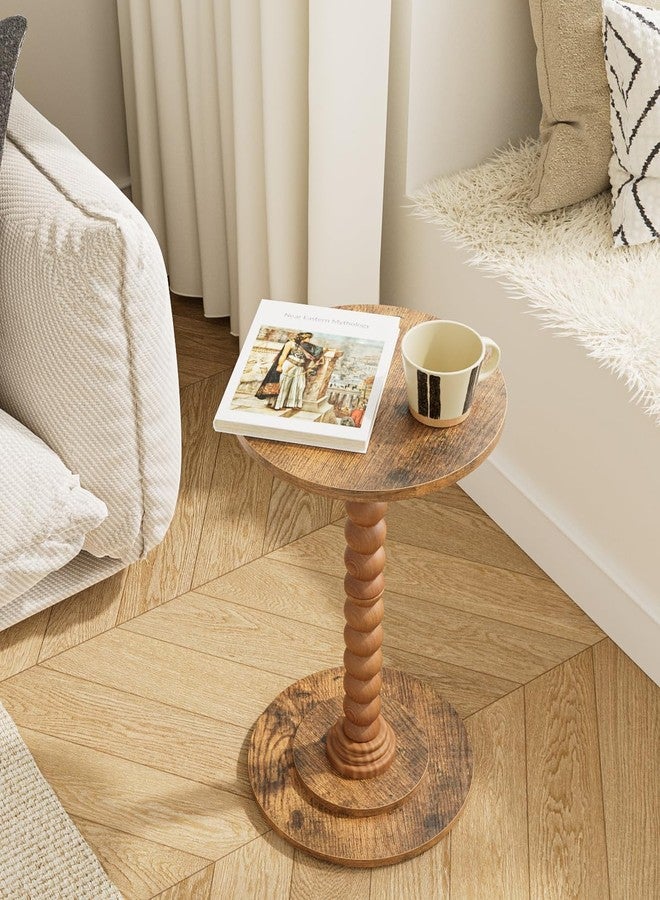 Masupu Round Side Table, Small End Table for Small Spaces, Pedestal Drink Table with Solid Wood Leg for Living Room, Bedroom, Corners(Rustic Brown) - Image 2