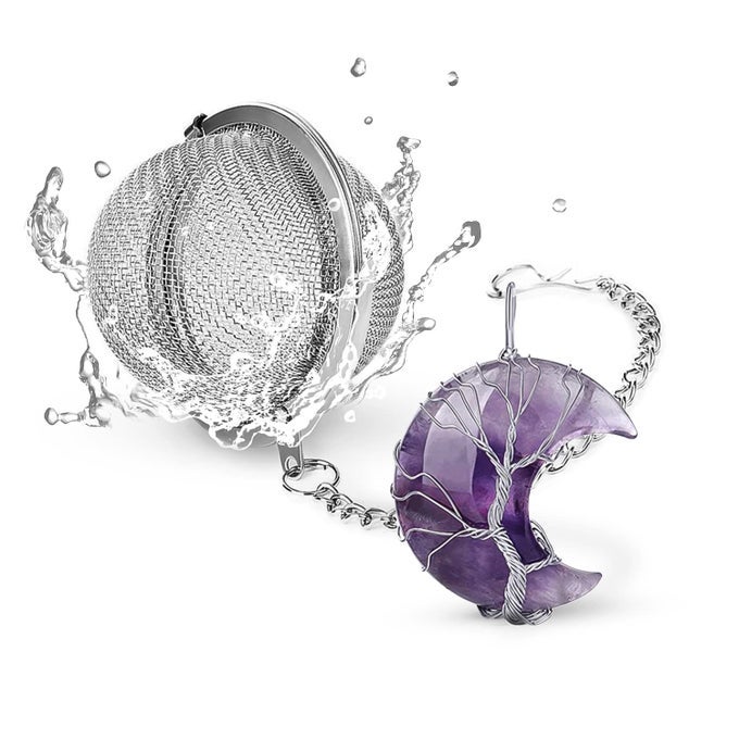 TEA INFUSER TEA STRAINER TEA DIFFUSER FOR LOOSE TEA AMETHYST TREE OF LIFE WIRE WRAPPED CRESCENT MOON PENDANT REIKI HEALING CRYSTAL STONE TEA BALL TEA FILTER GIFTS FOR WOMEN