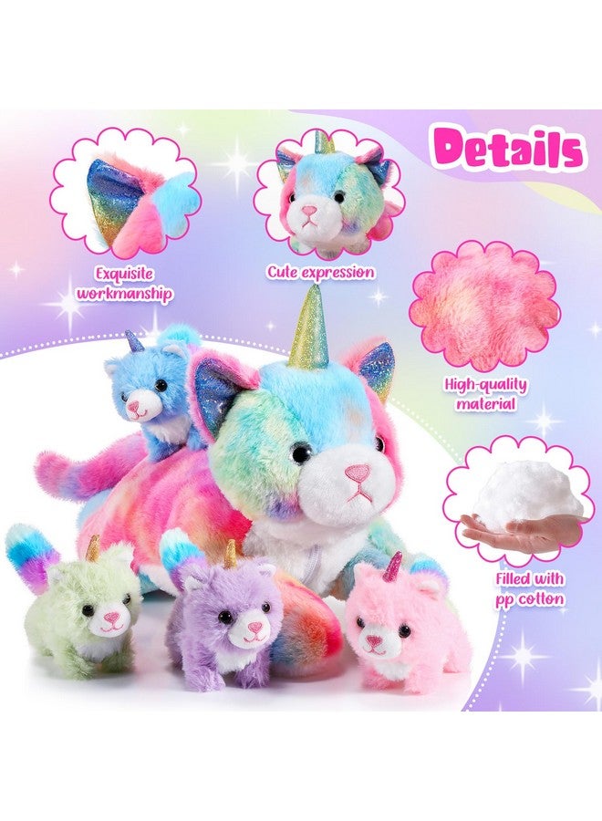 Harrycle 5 Pieces Christmas Caticorn Plush Toy Set 16 Inch Mommy Cat Unicorn Stuffed Animal With 4 Cute Plush Baby Kittens For Boys Girls Rainbow Caticorn Plush Set For Birthday Gifts Party Favors - Image 3