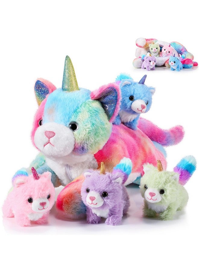 Harrycle 5 Pieces Christmas Caticorn Plush Toy Set 16 Inch Mommy Cat Unicorn Stuffed Animal With 4 Cute Plush Baby Kittens For Boys Girls Rainbow Caticorn Plush Set For Birthday Gifts Party Favors - Image 1