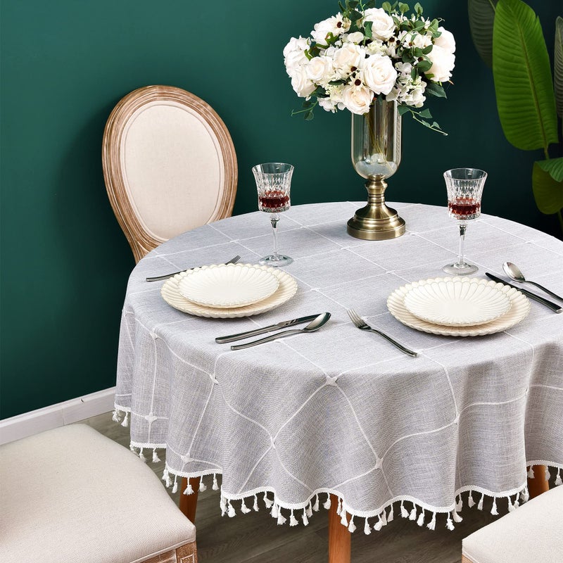 Monibana Plaid Farmhouse Gray Round Tablecloth 48 Inch Cotton Linen Heavy Weight Checkered Table Covers Cloths for Dining Room Kitchen Tabletop Decoration