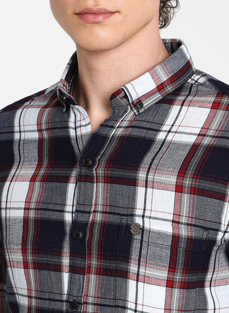 Campus Sutra Men's Navy Blue & Cadmium Red Tartan Plaid Shirt