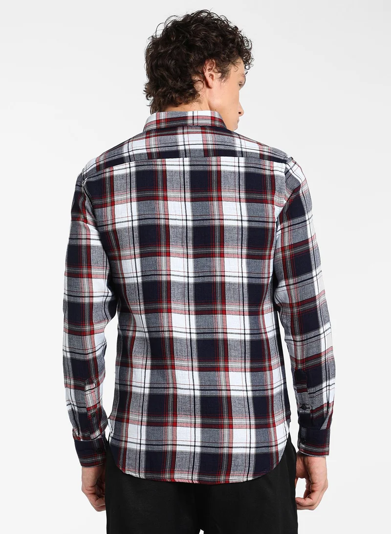 Campus Sutra Men's Navy Blue & Cadmium Red Tartan Plaid Shirt