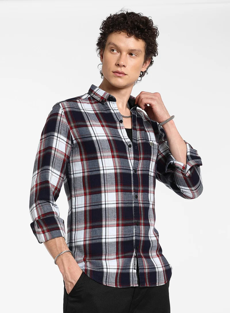 Campus Sutra Men's Navy Blue & Cadmium Red Tartan Plaid Shirt