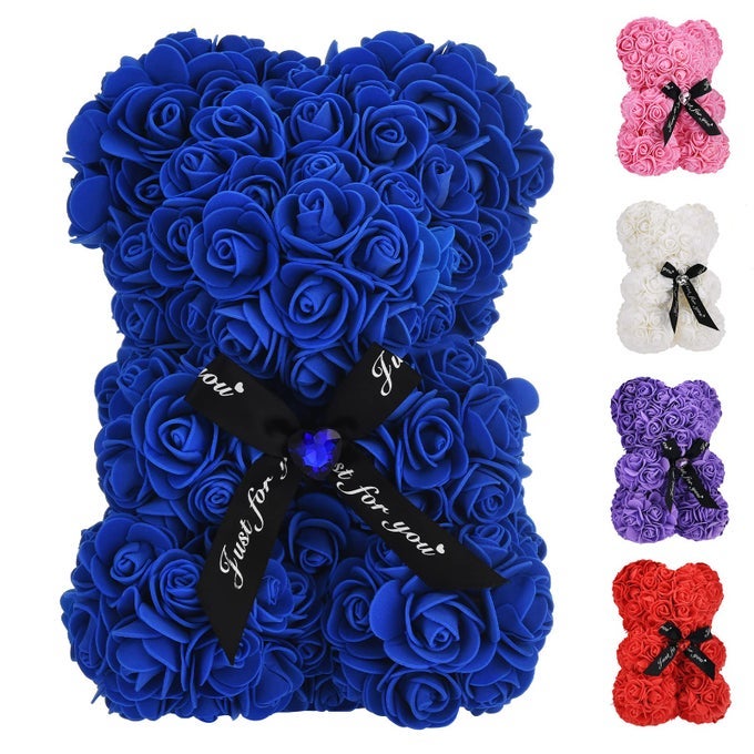 Artificial Rose Flower BearPerfect Romantic Gift for Her Valentines Mothers Day Christmas BirthdayThanksgiving Party Anniversary Girl Friend Wife with HeartShaped DiamondSapphire Bule