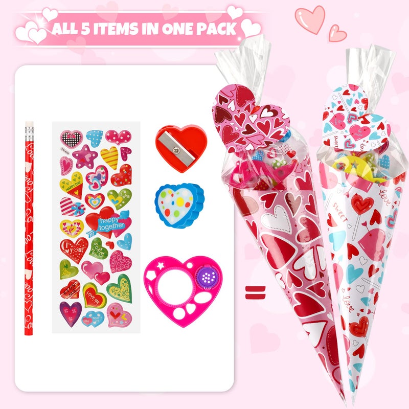 Giiffu Valentine's Day Gifts for Kids-30 Pack Valentines Sweet Cones Shaped Stationery Gift for Classroom, Creative Valentine Exchange Gift Set with Clear Bag Heart Card Pencil Sticker Eraser Sharpener Ruler - Image 3
