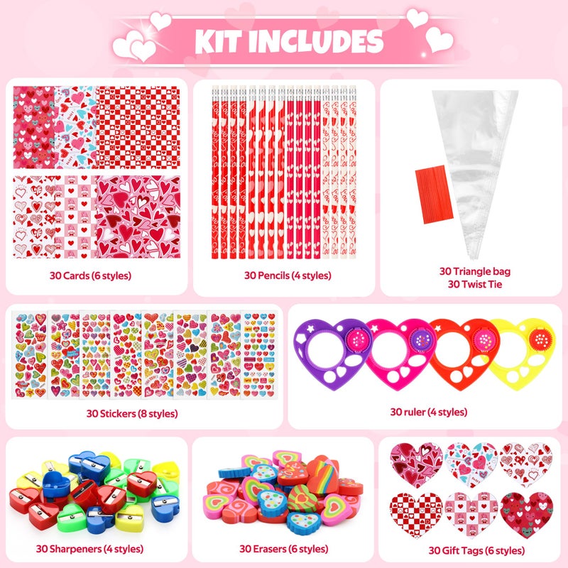 Giiffu Valentine's Day Gifts for Kids-30 Pack Valentines Sweet Cones Shaped Stationery Gift for Classroom, Creative Valentine Exchange Gift Set with Clear Bag Heart Card Pencil Sticker Eraser Sharpener Ruler - Image 4