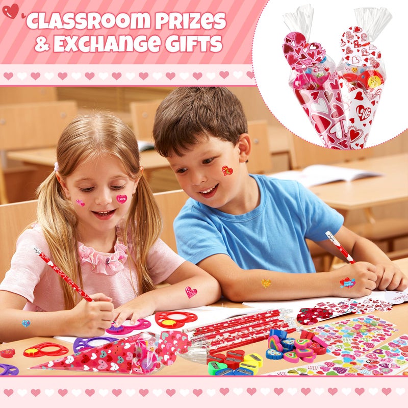 Giiffu Valentine's Day Gifts for Kids-30 Pack Valentines Sweet Cones Shaped Stationery Gift for Classroom, Creative Valentine Exchange Gift Set with Clear Bag Heart Card Pencil Sticker Eraser Sharpener Ruler - Image 5