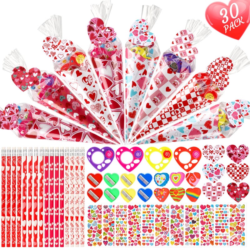 Giiffu Valentine's Day Gifts for Kids-30 Pack Valentines Sweet Cones Shaped Stationery Gift for Classroom, Creative Valentine Exchange Gift Set with Clear Bag Heart Card Pencil Sticker Eraser Sharpener Ruler - Image 1