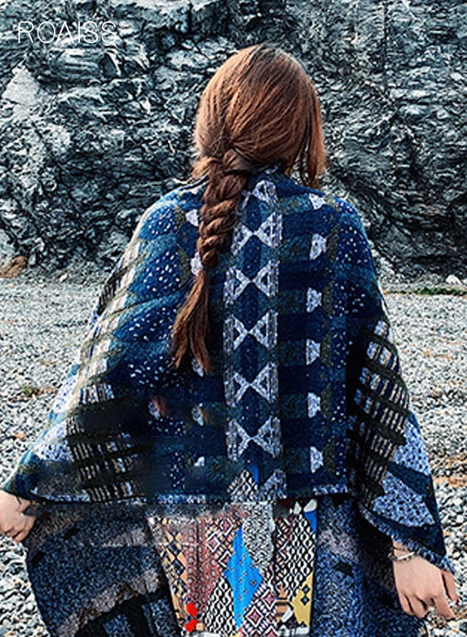 رويس شال هامشي نسائي، قابل للعكس بنمط طائر أزرق عتيق، وشاح دافئ من البوليستر السميك - إكسسوار أساسي لتدفئة الرقبة في الغرف المكيفة في الخريف/الشتاء - Image 4