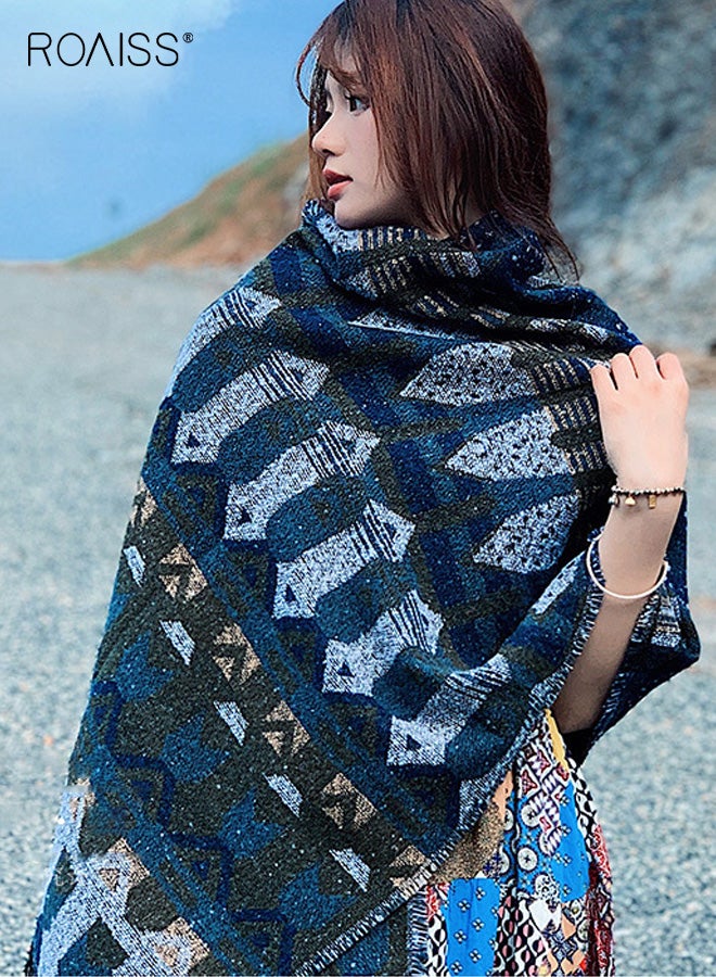 رويس شال هامشي نسائي، قابل للعكس بنمط طائر أزرق عتيق، وشاح دافئ من البوليستر السميك - إكسسوار أساسي لتدفئة الرقبة في الغرف المكيفة في الخريف/الشتاء - Image 1