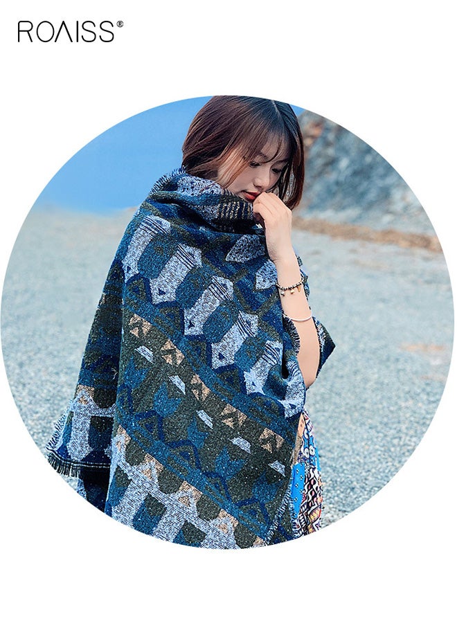 رويس شال هامشي نسائي، قابل للعكس بنمط طائر أزرق عتيق، وشاح دافئ من البوليستر السميك - إكسسوار أساسي لتدفئة الرقبة في الغرف المكيفة في الخريف/الشتاء - Image 2