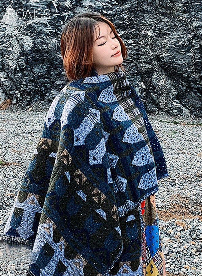 رويس شال هامشي نسائي، قابل للعكس بنمط طائر أزرق عتيق، وشاح دافئ من البوليستر السميك - إكسسوار أساسي لتدفئة الرقبة في الغرف المكيفة في الخريف/الشتاء - Image 3