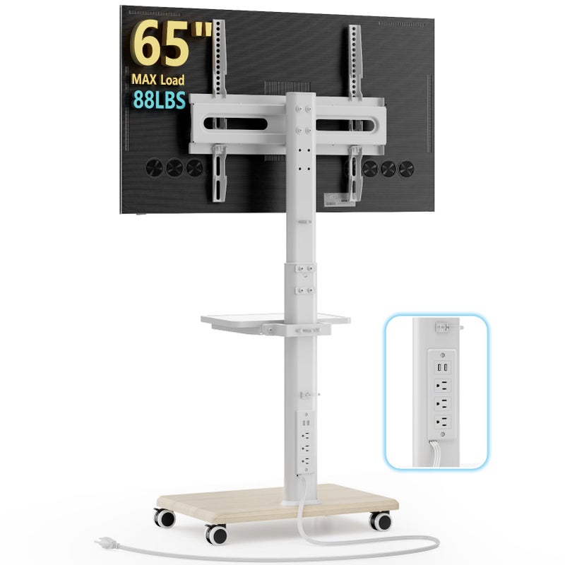 AX WABER Mobile TV Stand with Power Outlets&Shelf, Floor Portable TV Stand with Wheels for 27-65Inch LCD LED OLED Flat/Curved Panel Screen, Swivel,Height Adjustable&Wood Base, RollingTV Cart White - Image 1