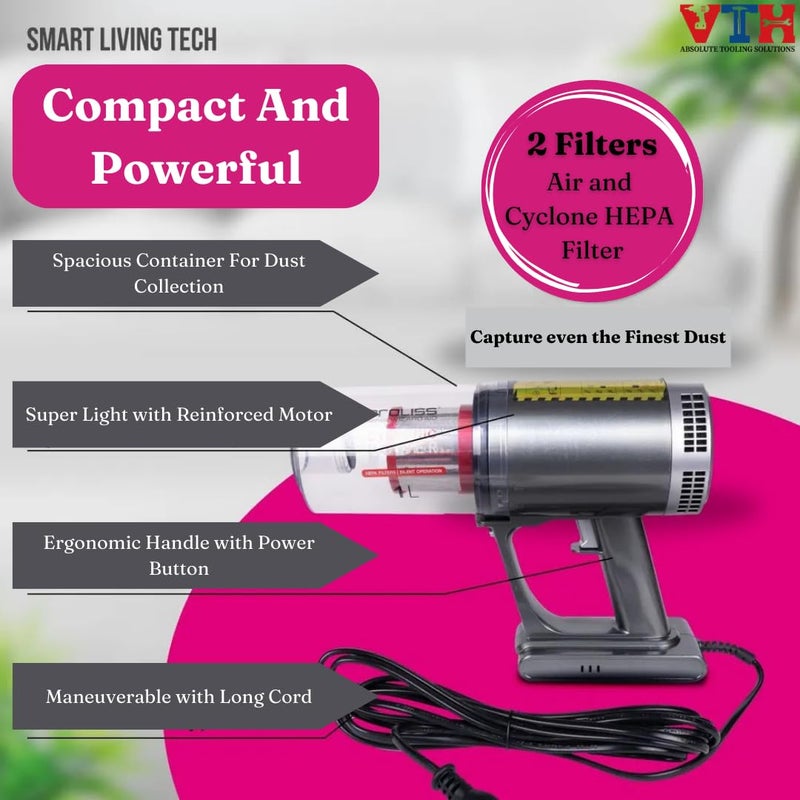 VTH WITH TAGLINE ABSOLUTE TOOLING SOLUTIONS مكنسة كهربائية محمولة قوية 2000 واط مع نظام ترشيح متقدم وأداة شق طويلة وفرشاة أرضية وترشيح مخرج الهواء مصممة لتشغيل سهل بيد واحدة مثالية للمنزل - Image 4