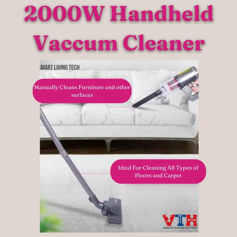 VTH WITH TAGLINE ABSOLUTE TOOLING SOLUTIONS مكنسة كهربائية محمولة قوية 2000 واط مع نظام ترشيح متقدم وأداة شق طويلة وفرشاة أرضية وترشيح مخرج الهواء مصممة لتشغيل سهل بيد واحدة مثالية للمنزل - Image 3