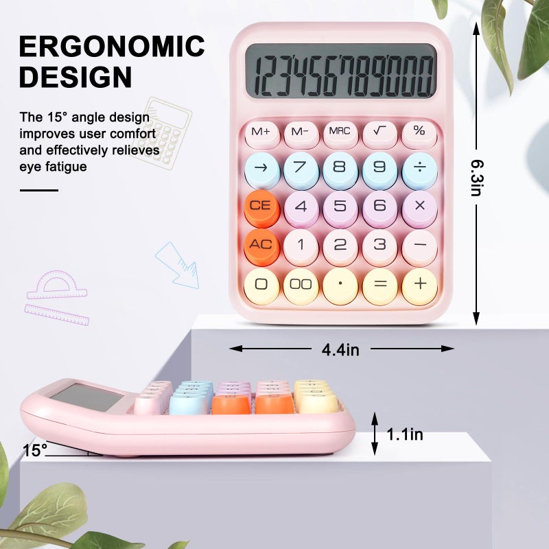 DANRONG Mechanical Switch Calculator with Big Buttons, Calculators Desktop, 12 Digits, Large LCD Display, Desk Calculator, Cute Pink Calculators for Teachers Students Basic Office (Pink) - Image 2