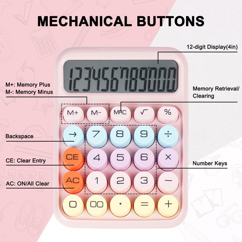 DANRONG Mechanical Switch Calculator with Big Buttons, Calculators Desktop, 12 Digits, Large LCD Display, Desk Calculator, Cute Pink Calculators for Teachers Students Basic Office (Pink) - Image 3