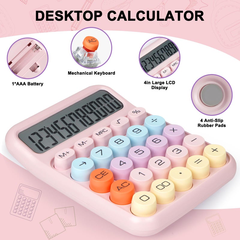 DANRONG Mechanical Switch Calculator with Big Buttons, Calculators Desktop, 12 Digits, Large LCD Display, Desk Calculator, Cute Pink Calculators for Teachers Students Basic Office (Pink) - Image 5