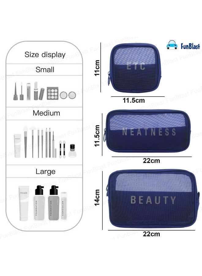 فنبلاست حقيبة مستحضرات تجميل FunBlast مكونة من 3 قطع - حقائب مكياج شبكية للسفر، حقيبة شفافة لغسل الملابس، حقيبة مكياج للنساء، حقيبة تنظيم مستحضرات التجميل، حقيبة تخزين أدوات الزينة المحمولة للفتيات والنساء (أزرق) - Image 3