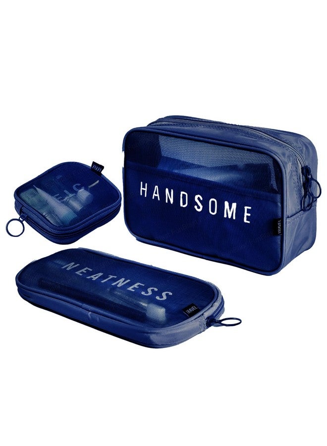 فنبلاست حقيبة مستحضرات تجميل FunBlast مكونة من 3 قطع - حقائب مكياج شبكية للسفر، حقيبة شفافة لغسل الملابس، حقيبة مكياج للنساء، حقيبة تنظيم مستحضرات التجميل، حقيبة تخزين أدوات الزينة المحمولة للفتيات والنساء (أزرق) - Image 1