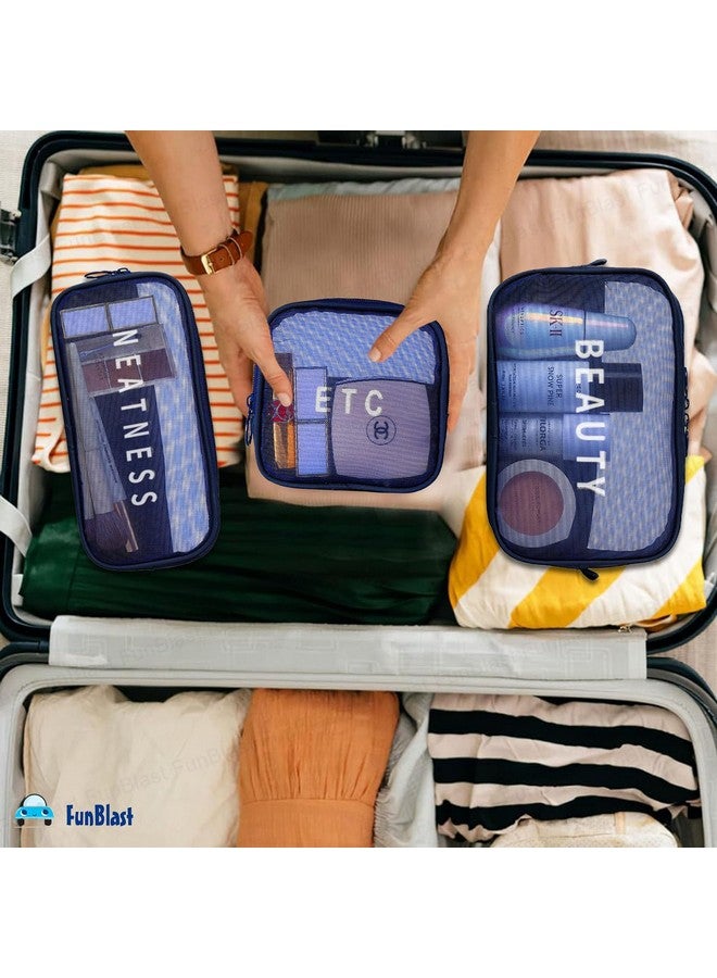 فنبلاست حقيبة مستحضرات تجميل FunBlast مكونة من 3 قطع - حقائب مكياج شبكية للسفر، حقيبة شفافة لغسل الملابس، حقيبة مكياج للنساء، حقيبة تنظيم مستحضرات التجميل، حقيبة تخزين أدوات الزينة المحمولة للفتيات والنساء (أزرق) - Image 4