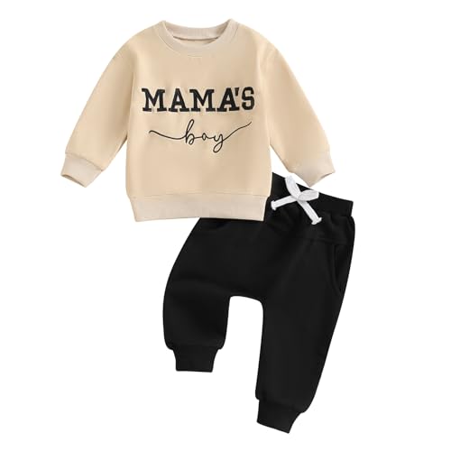 FOCUSNORM Toddler Baby Boy Fall outfit Mama's Boy Letter Embroidery Sweatshirt Top Elastic Pants Set Cute 2pcs Winter Clothes (Khaki, 18-24 Months) - Image 1
