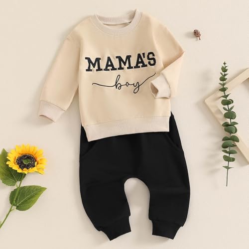 FOCUSNORM Toddler Baby Boy Fall outfit Mama's Boy Letter Embroidery Sweatshirt Top Elastic Pants Set Cute 2pcs Winter Clothes (Khaki, 18-24 Months) - Image 5