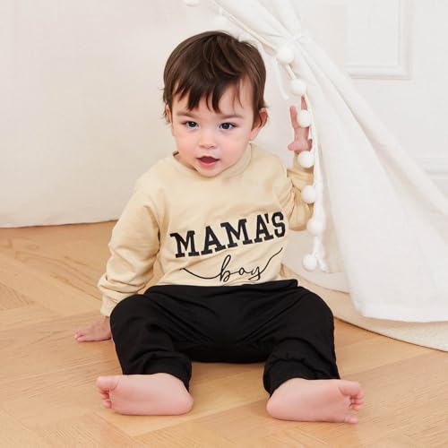 FOCUSNORM Toddler Baby Boy Fall outfit Mama's Boy Letter Embroidery Sweatshirt Top Elastic Pants Set Cute 2pcs Winter Clothes (Khaki, 18-24 Months) - Image 3