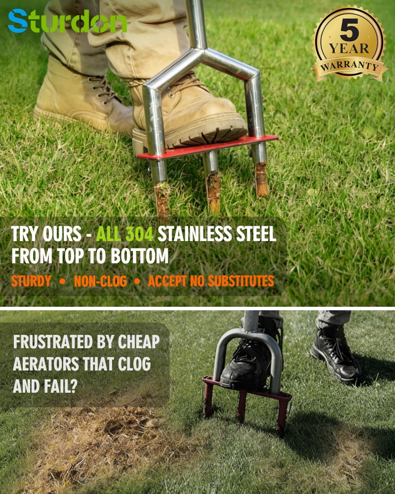 Sturdon Manual Lawn Aerator - 42 Inch, 304 Stainless Steel Aerator Lawn Tool, Easy to Install, Rust Resistant, Core Aerator for Yard&Grass Compacted Soil, 3 Detachable Hollow Tines, Non Slip Foot Pad - Image 2