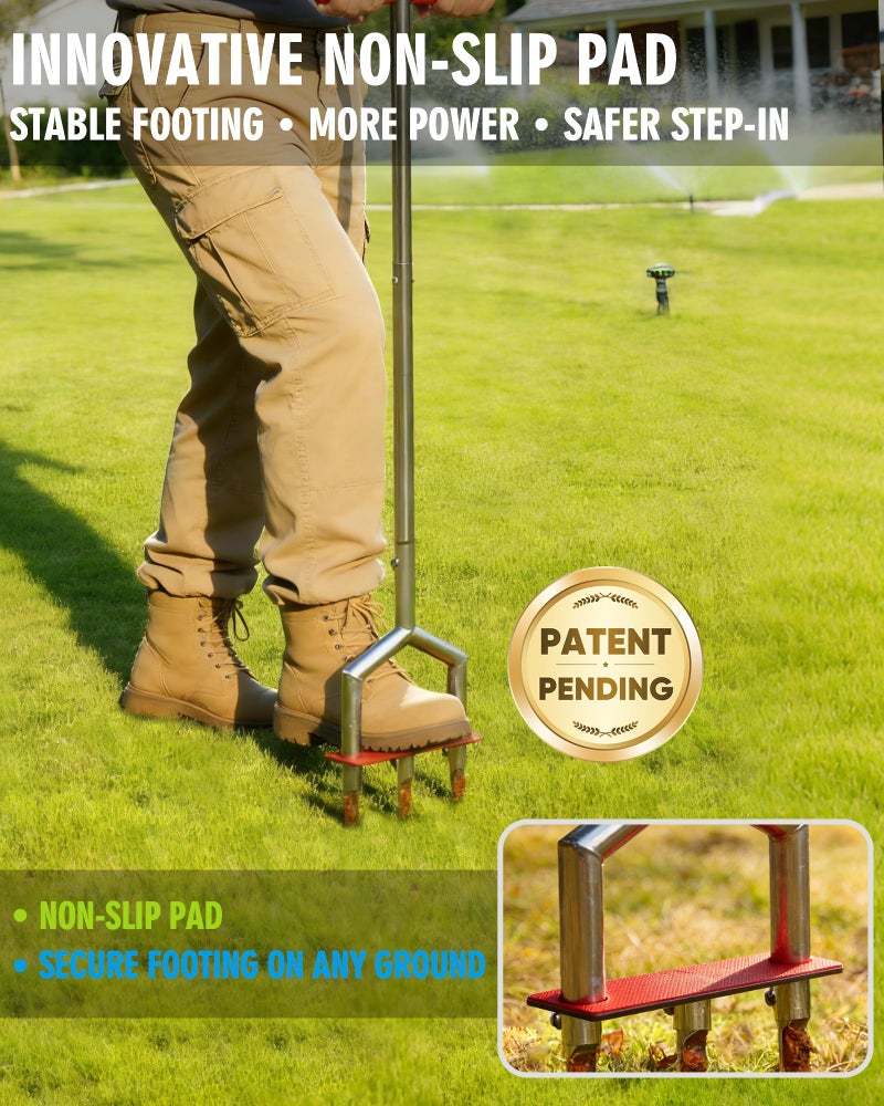 Sturdon Manual Lawn Aerator - 42 Inch, 304 Stainless Steel Aerator Lawn Tool, Easy to Install, Rust Resistant, Core Aerator for Yard&Grass Compacted Soil, 3 Detachable Hollow Tines, Non Slip Foot Pad - Image 4