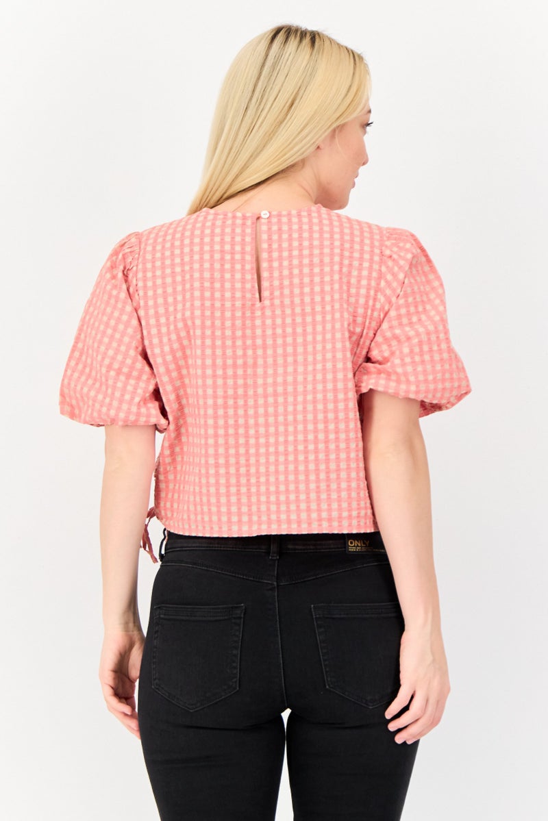 ONLY بلوزة نسائية بياقة دائرية وأكمام قصيرة بتصميم ميكرو شيك، متعددة الألوان - Image 2