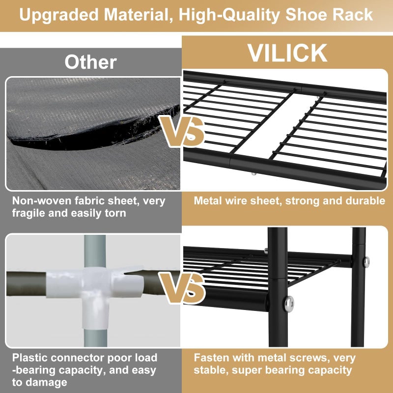 VILICK 4-Tier Shoe Rack 33" Wide Metal Shoe Organizer Long Shoe Storage with 4 Side Hooks Sturdy Shoes Shelf for Closet, Front Door Entrance, Garage, Dorm, Black - Image 5