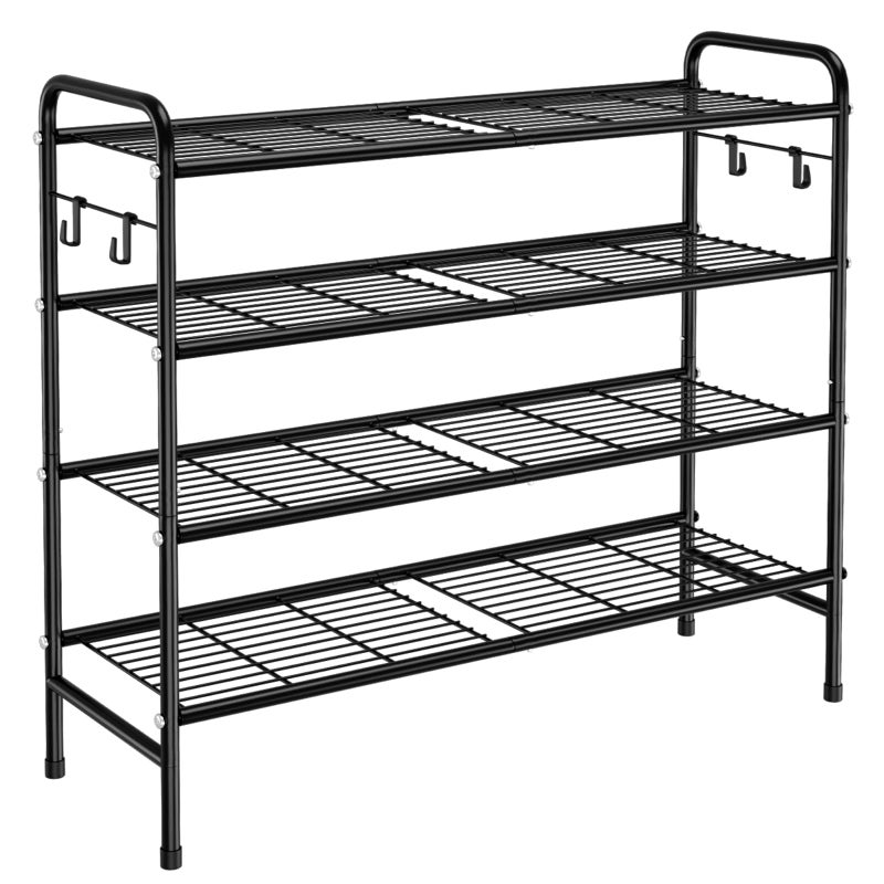 VILICK 4-Tier Shoe Rack 33" Wide Metal Shoe Organizer Long Shoe Storage with 4 Side Hooks Sturdy Shoes Shelf for Closet, Front Door Entrance, Garage, Dorm, Black - Image 1